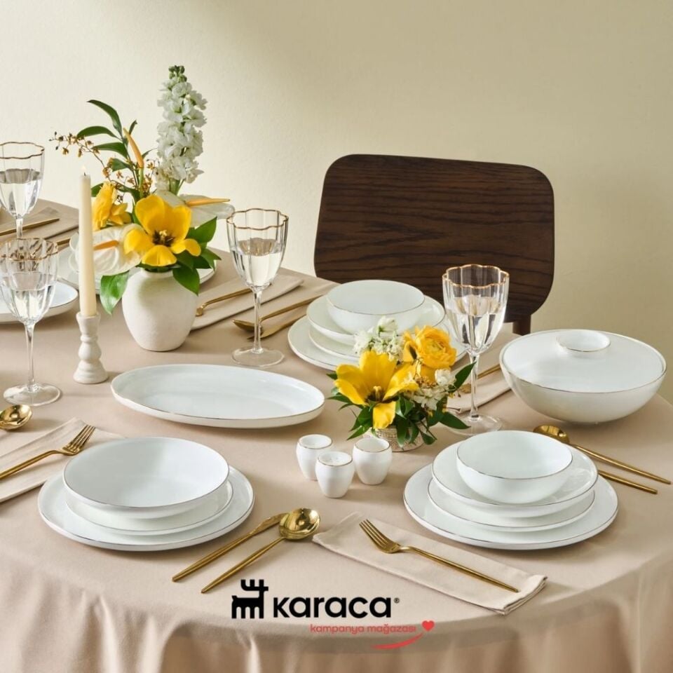 Karaca Fine Bone Meridian 55 Parça 12 Kişilik Yemek Takımı Gold