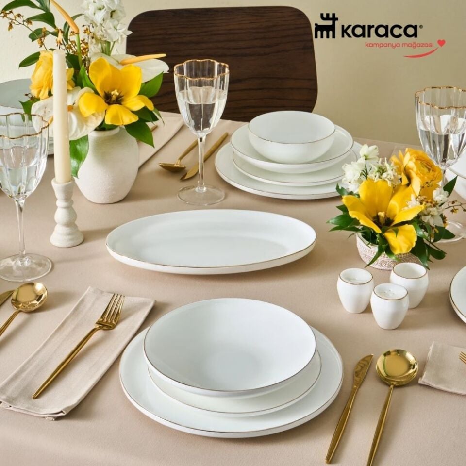 Karaca Fine Bone Meridian 55 Parça 12 Kişilik Yemek Takımı Gold