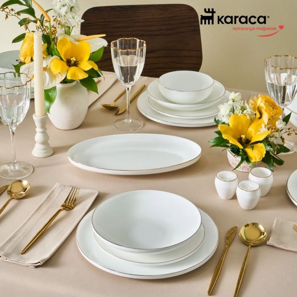 Karaca Fine Bone Meridian 55 Parça 12 Kişilik Yemek Takımı Gold
