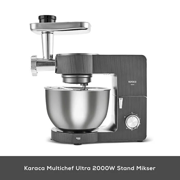 Karaca Multichef Ultra Kıyma Çekme/Sucuk-Sosis/İçli Köfte Aparatlı Hamur Yoğurma Makinesi Antrasit 2000W 8L