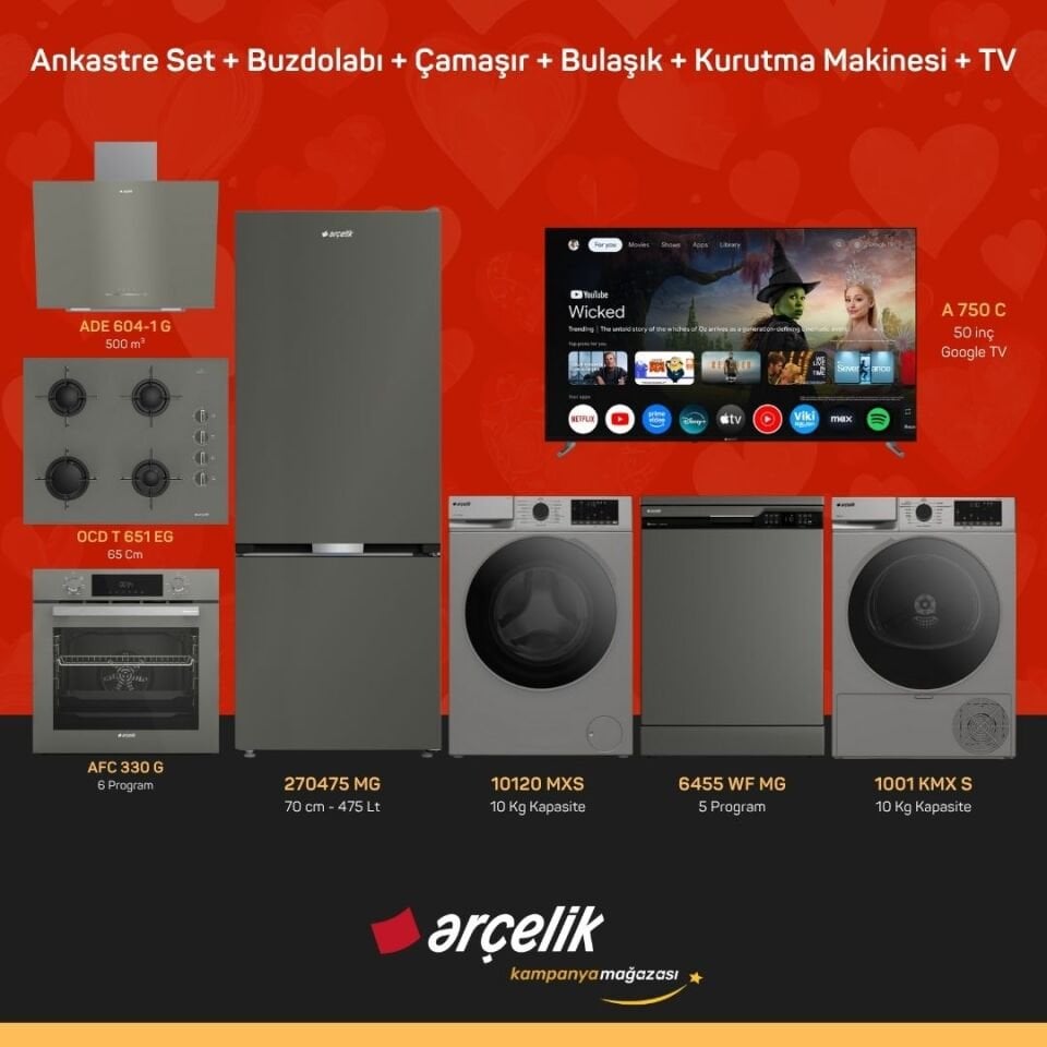 ARÇELİK 8'li Çeyiz Paketi ( 270475 MG - 10120 MXS - 6455 WF MG - 1001 KMX S - A 750 C - ADE 604-1 G - AFC 330 G - OCD T 651 EG )