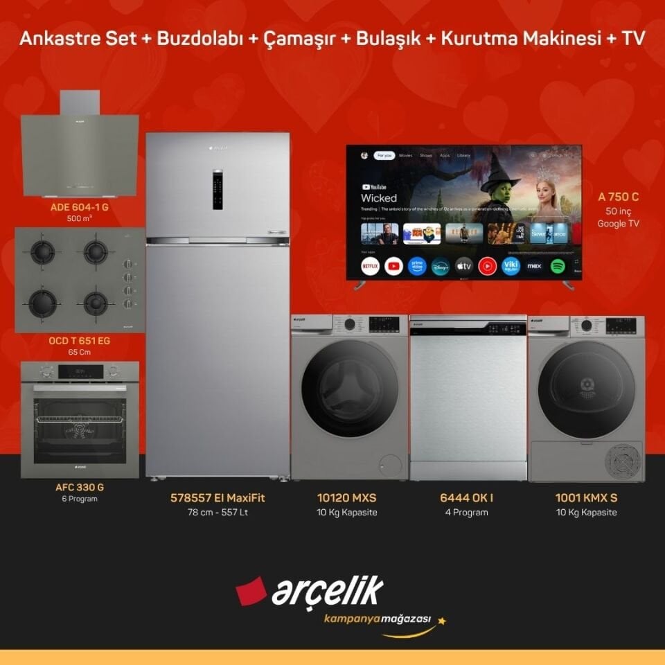 ARÇELİK 8'li Çeyiz Paketi ( 578557 EI MaxiFit - 10120 MXS - 6444 OK I - 1001 KMX S - A 750 C - ADE 604-1 G - AFC 330 G - OCD T 651 EG )