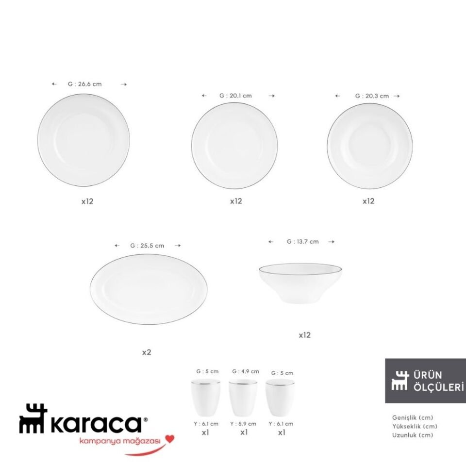 Karaca Elegance Bone Alba 53 Parça 12 Kişilik Yemek Takımı Platin