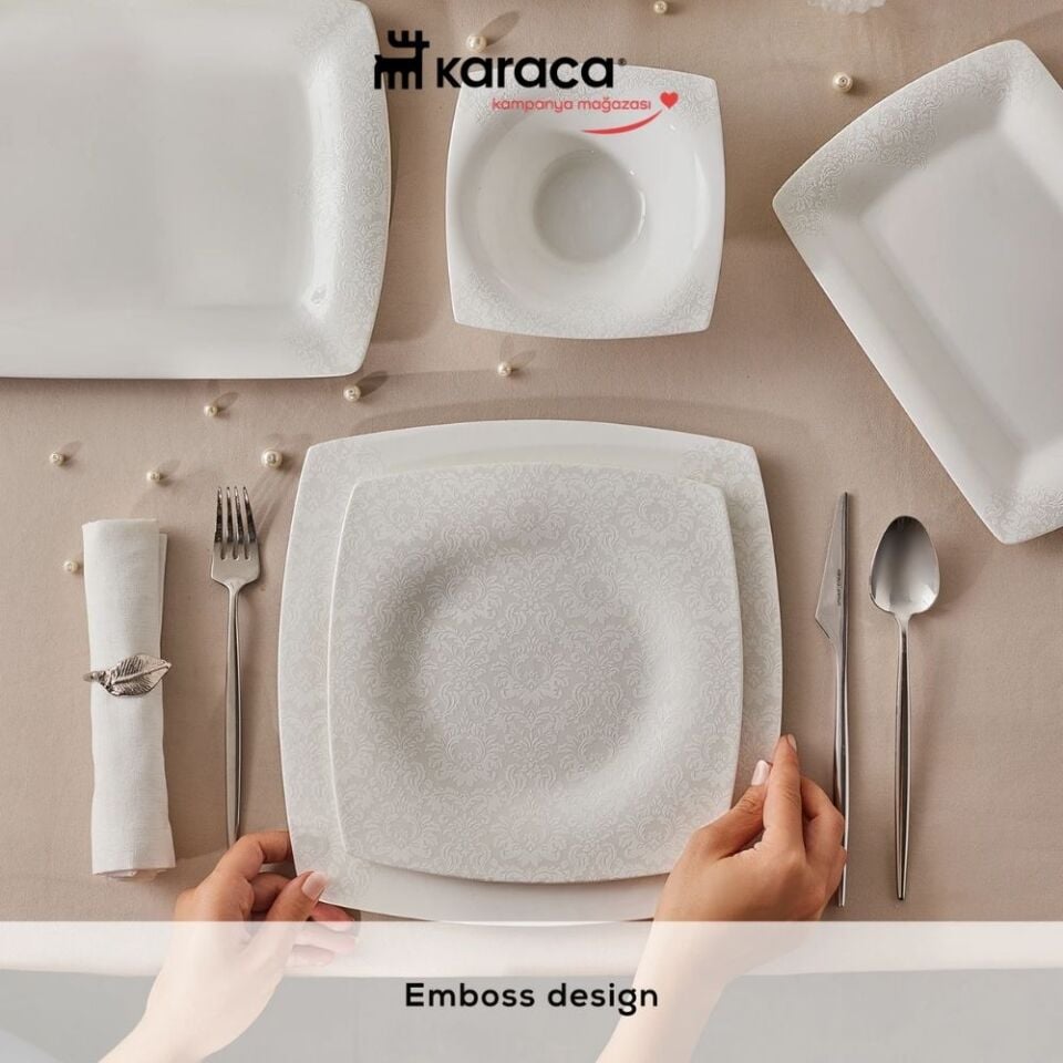 Karaca Fine Pearl Helen 62 Parça 12 Kişilik İnci Kare Yemek Takımı