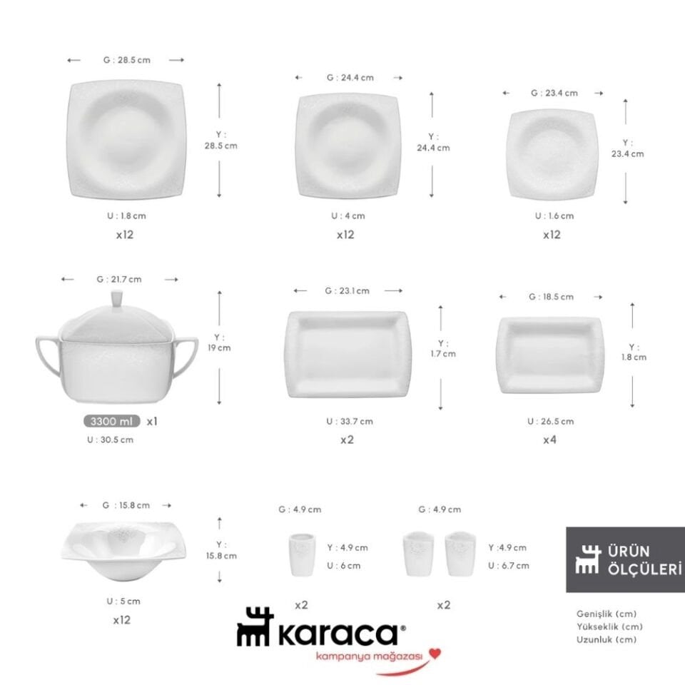 Karaca Fine Pearl Helen 62 Parça 12 Kişilik İnci Kare Yemek Takımı