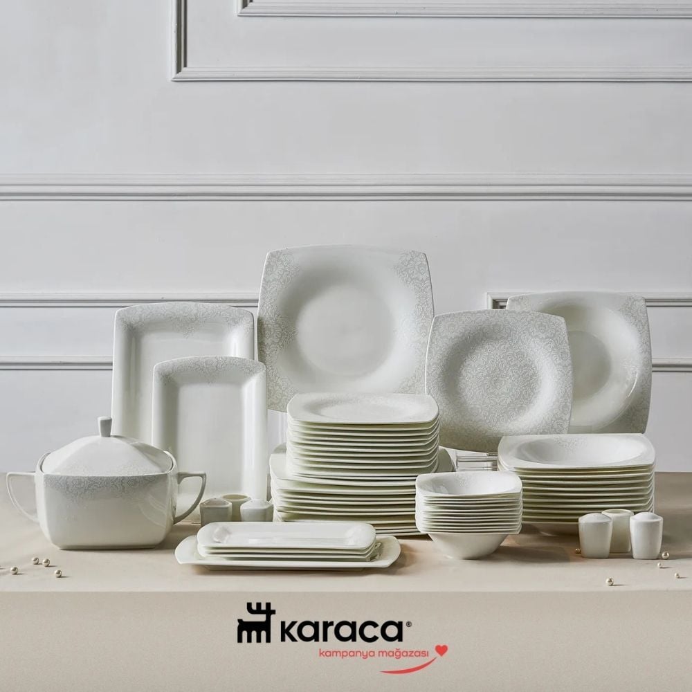 Karaca Fine Pearl Helen 62 Parça 12 Kişilik İnci Kare Yemek Takımı
