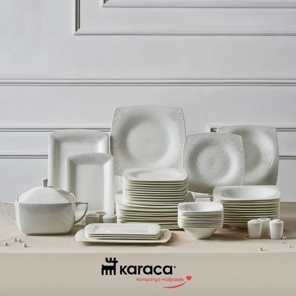 Karaca Fine Pearl Helen 62 Parça 12 Kişilik İnci Kare Yemek Takımı