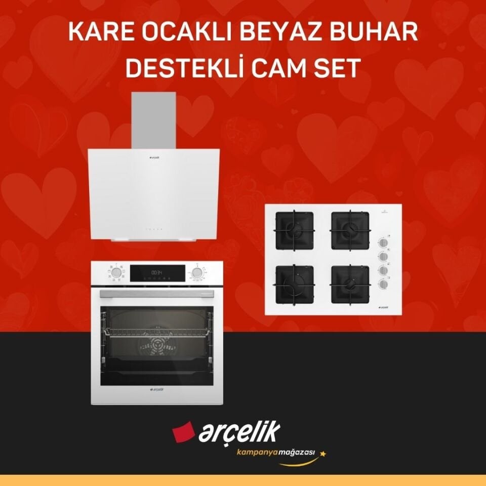 ARÇELİK KARE OCAKLI BEYAZ BUHAR DESTEKLİ CAM SET ( ADE 606-4 B - AFC 341 B - OCD K 651 EB )
