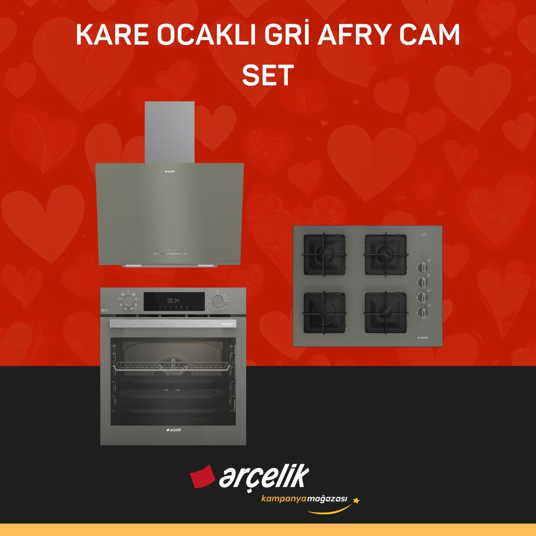 ARÇELİK KARE OCAKLI GRİ AFRY CAM SET ( ADE 604-1 G - AFC 342 G - OCD K 651 EG )