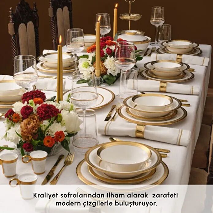 Karaca Royal Bone Charlotte 55 Parça 12 Kişilik Yemek Takımı Gold