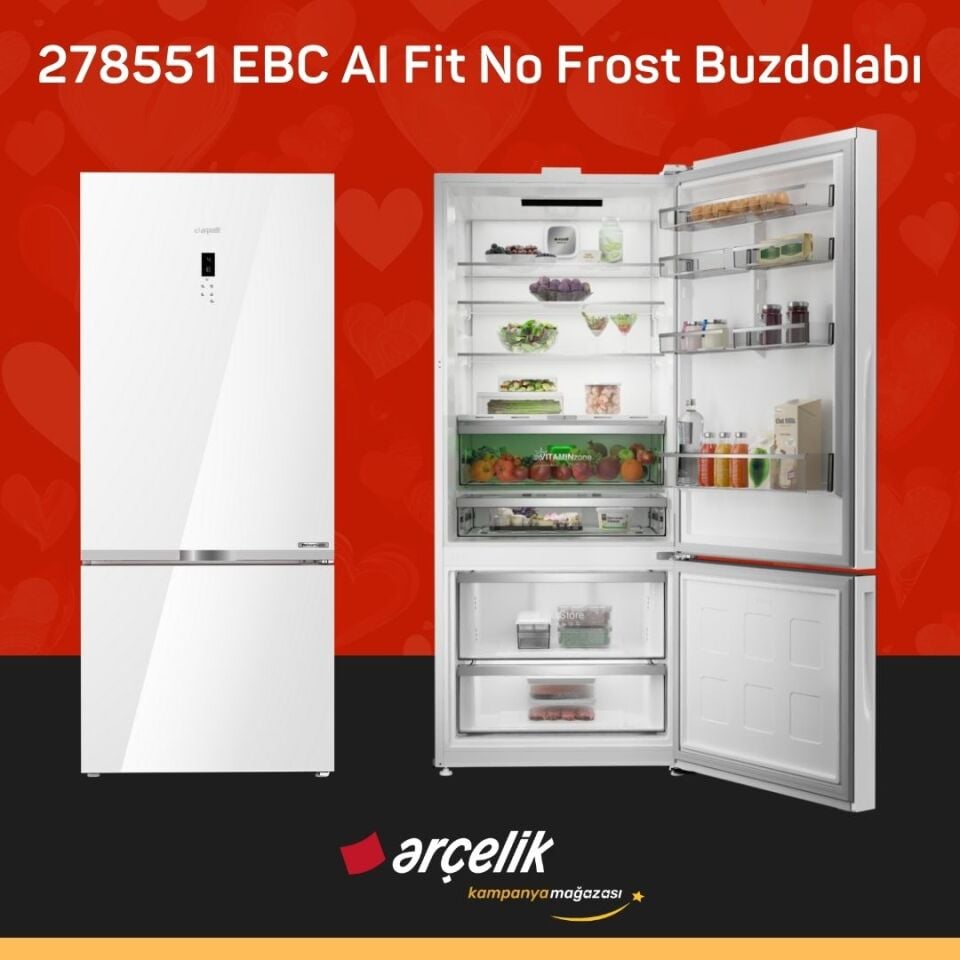 ARÇELİK 278551 EBC AI Fit Beyaz Cam Alttan Donduruculu Buzdolabı