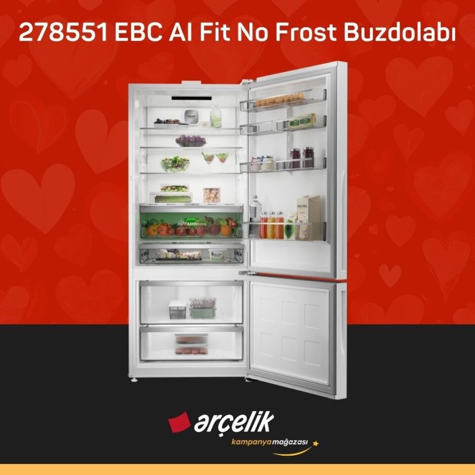 ARÇELİK 278551 EBC AI Fit Beyaz Cam Alttan Donduruculu Buzdolabı