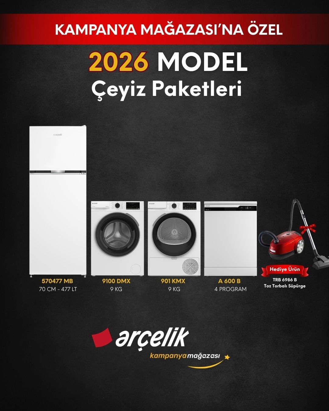 ARÇELİK 4'lü Çeyiz Paketi (570477 MB - A 600 B - 9100 DMX - 901 KMX - TRB 6986 B)