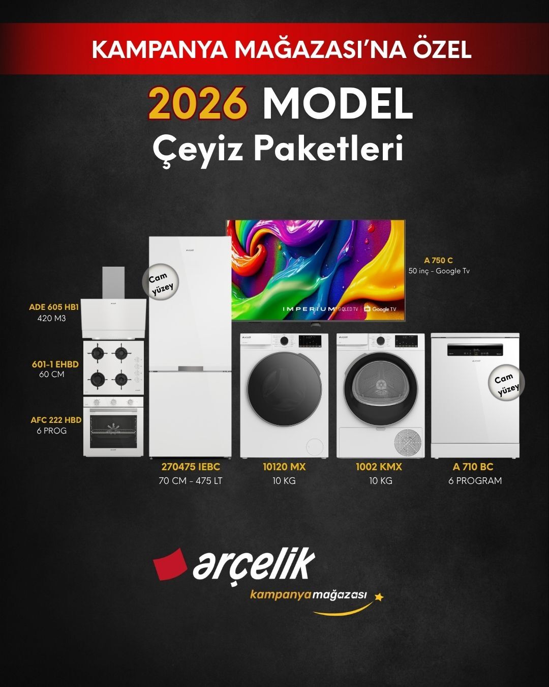 ARÇELİK 8'li Çeyiz Paketi (270475 IEBC - A 710 BC - 10120 MX - 1002 KMX - A 750 C - AFC 222 HBD - ADE 605 HB1 - OCD T 601-1 EHBD)