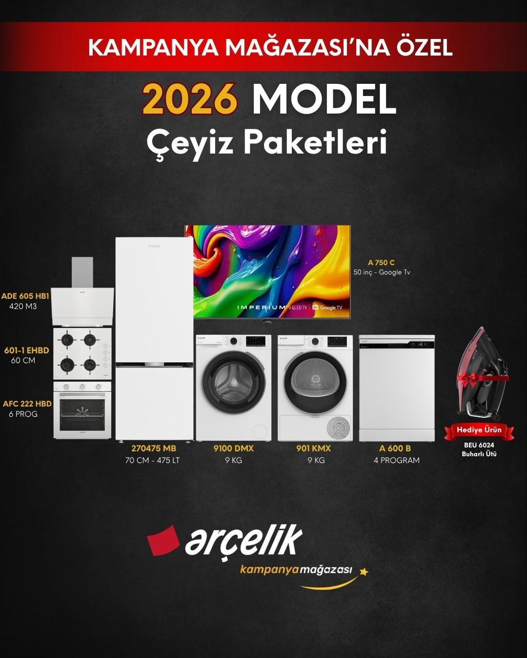 ARÇELİK 8'li Çeyiz Paketi (270475 MB - A 600 B - 9100 DMX - 901 KMX - A 750 C - AFC 222 HBD - ADE 605 HB1 - OCD T 601-1 EHBD - BEU 6024)
