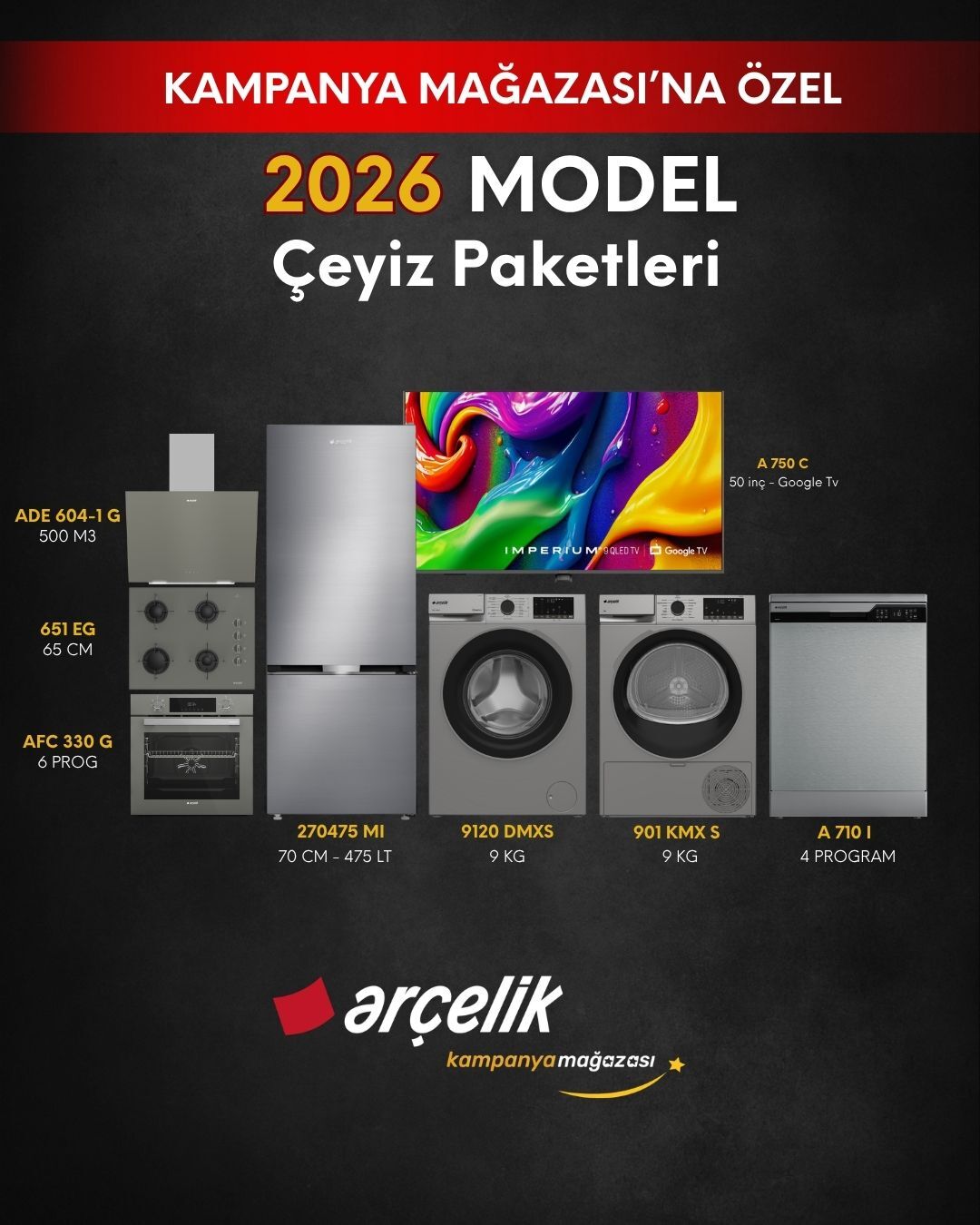 ARÇELİK 8'li Çeyiz Paketi (270475 MI - A 710 I - 9120 DMXS - 901 KMX S - A 750 C - AFC 330 G - ADE 604-1 G - OCD T 651 EG)
