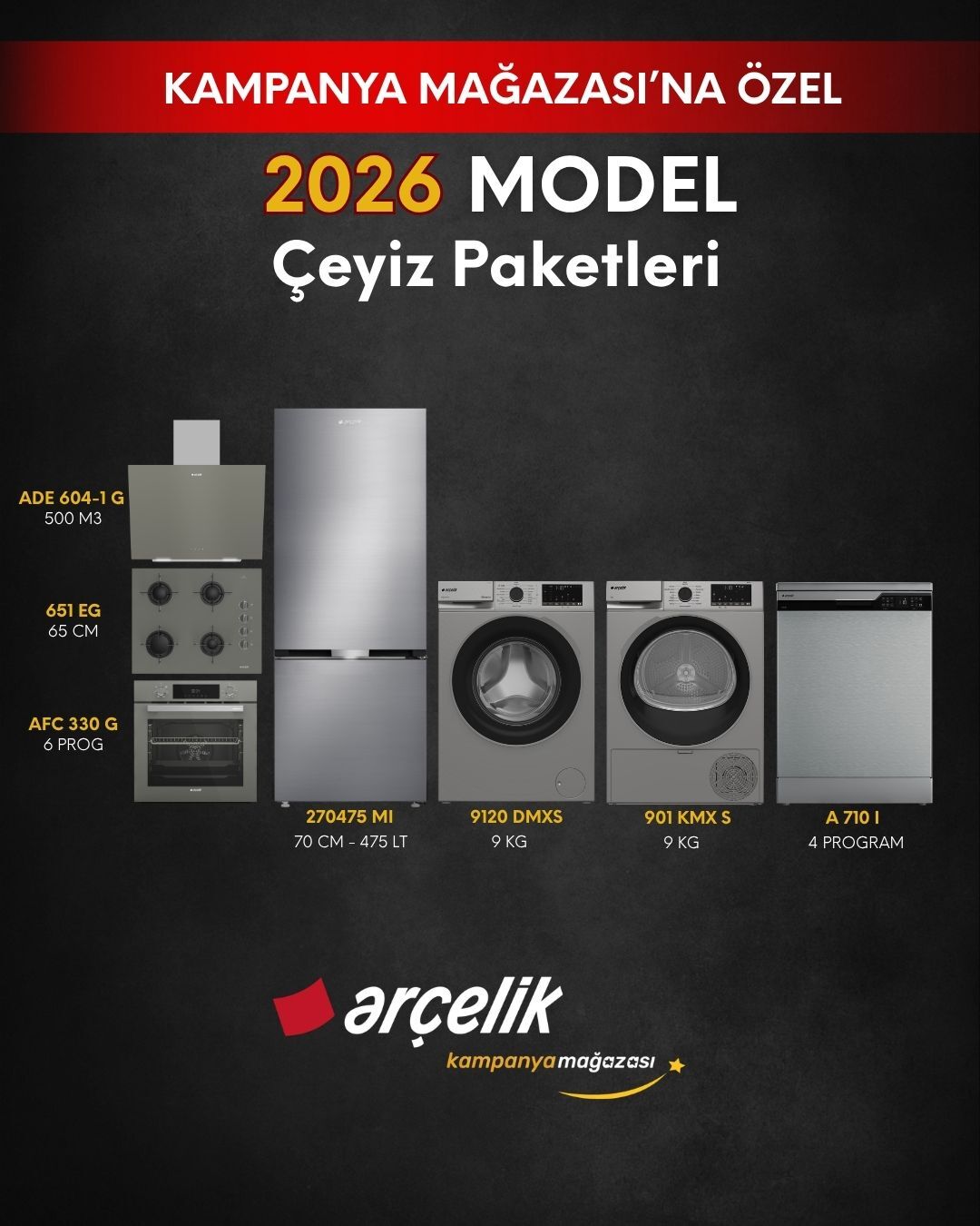 ARÇELİK 7'li Çeyiz Paketi (270475 MI - A 710 I - 9120 DMXS - 901 KMX S - AFC 330 G - ADE 604-1 G - OCD T 651 EG)