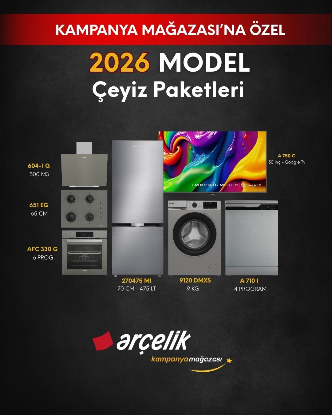 ARÇELİK 7'li Çeyiz Paketi (270475 MI - A 710 I - 9120 DMXS - A 750 C - AFC 330 G - ADE 604-1 G - OCD T 651 EG)