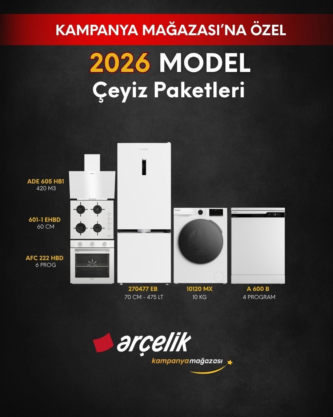 ARÇELİK 6'lı Çeyiz Paketi (270477 EB - A 600 B - 10120 MX - AFC 222 HBD - ADE 605 HB1 - OCD T 601-1 EHBD)