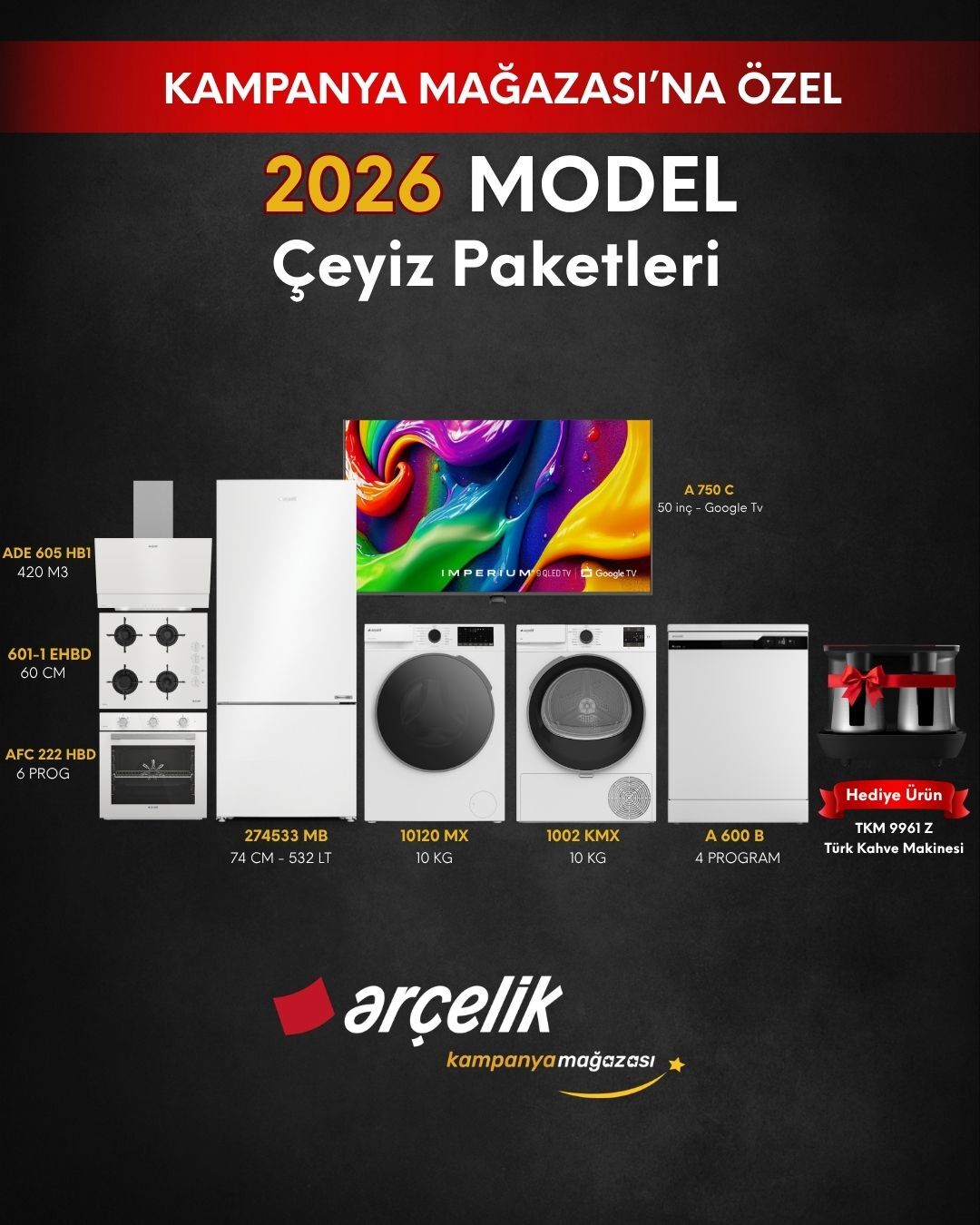 ARÇELİK 8'li Çeyiz Paketi (274533 MB - A 600 B - 10120 MX - 1002 KMX - A 750 C - AFC 222 HBD - ADE 605 HB1 - OCD T 601-1 EHBD - TKM 9961 Z)