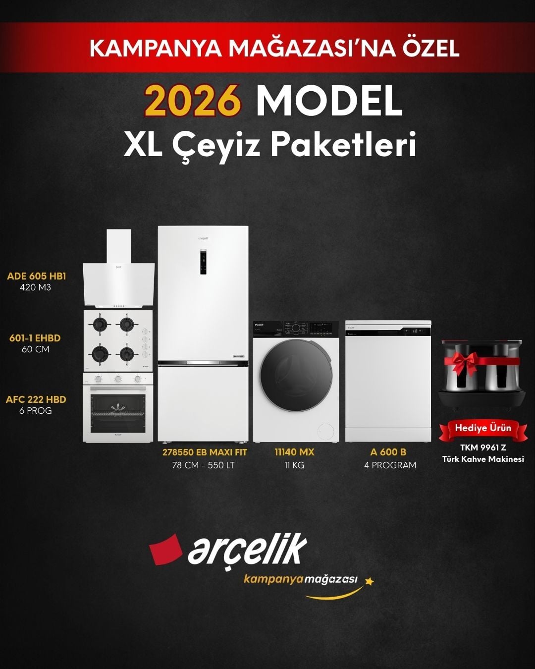ARÇELİK 6'lı XL Çeyiz Paketi (278550 EB MAXI FIT - A 600 B - 11140 MX - AFC 222 HBD - ADE 605 HB1 - OCD 601-1 EHBD - TKM 9961 Z)