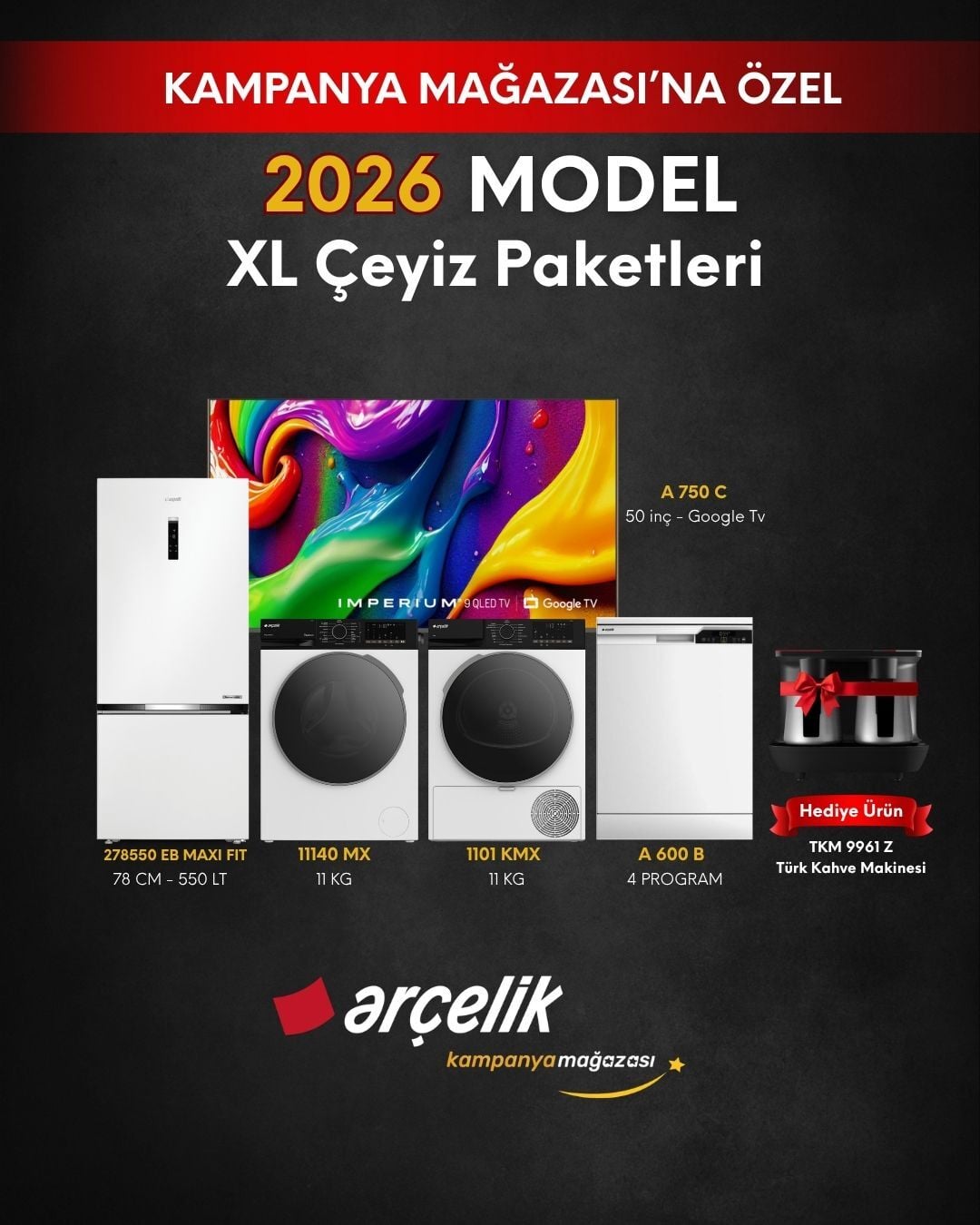 ARÇELİK 5'li XL Çeyiz Paketi (278550 EI MAXI FIT - A 710 I - 10120 MXS - 1001 KMX S - A 750 C - TKM 9961 Z)