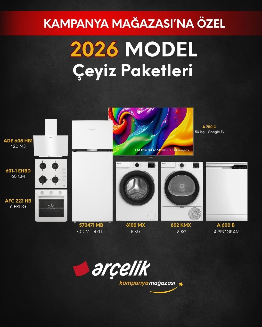 ARÇELİK 8'li Çeyiz Paketi (570471 MB - A 600 B - 8100 MX - 802 KMX - A 750 C - AFC 222 HBD - ADE 605 HB1 - OCD T 601-1 EHBD)