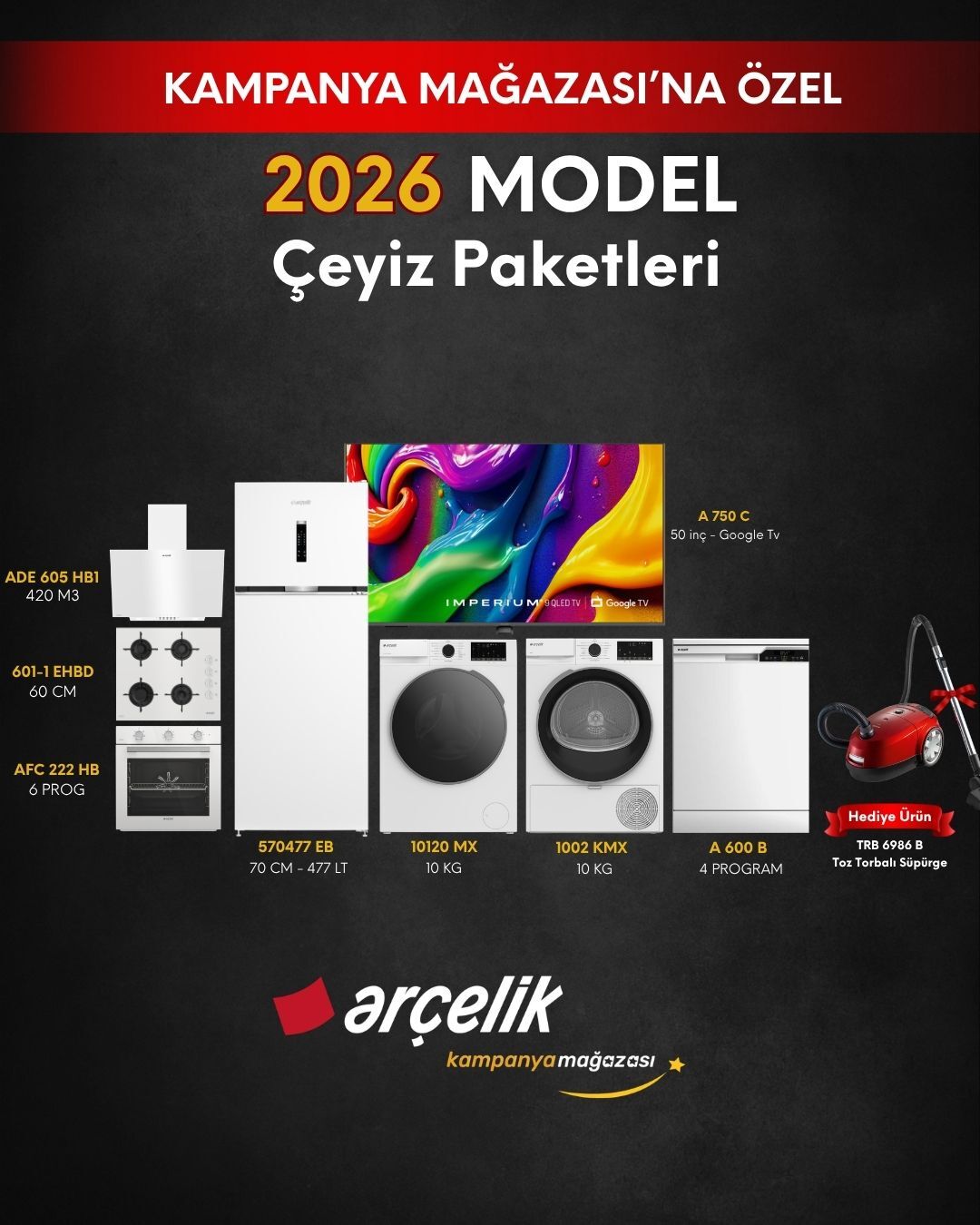 ARÇELİK 8'li Çeyiz Paketi (570477 EB - A 600 B - 10120 MX - 1002 KMX - A 750 C - AFC 222 HBD - ADE 605 HB1 - OCD T 601-1 EHBD - TRB 6986 B)