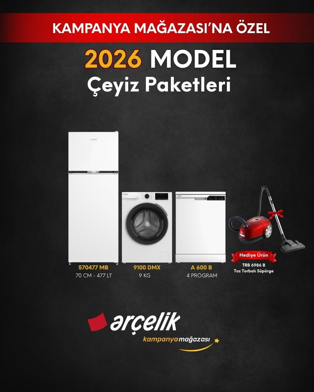 ARÇELİK 3'lü Çeyiz Paketi (570477 MB - A 600 B - 9100 DMX - TRB 6986 B)