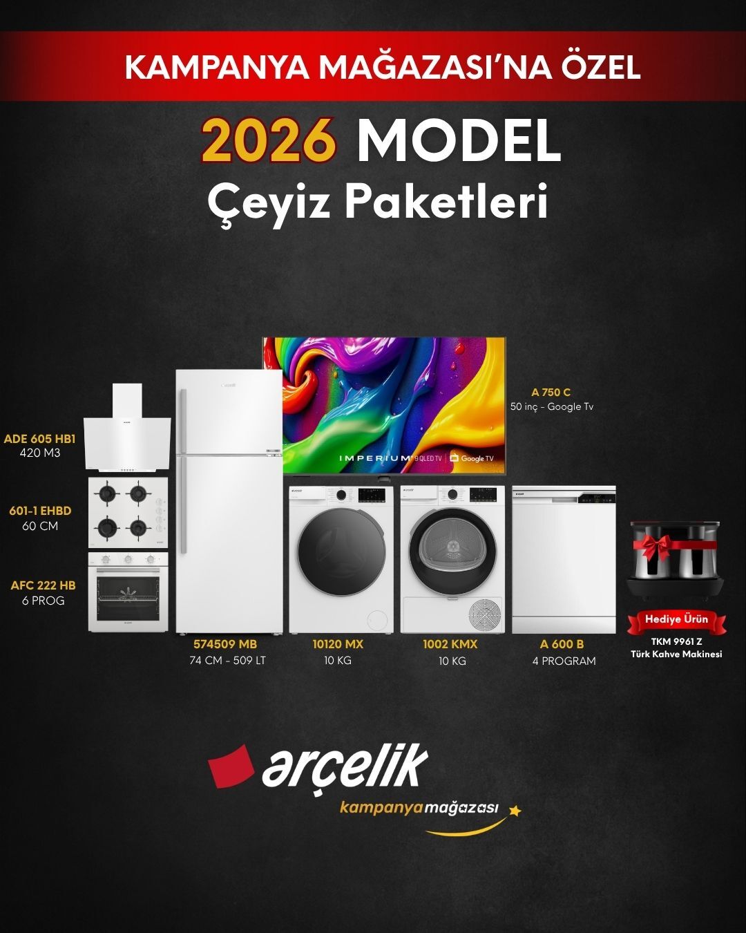 ARÇELİK 8'li Çeyiz Paketi (574509 MB - A 600 B - 10120 MX - 1002 KMX - A 750 C - AFC 222 HBD - ADE 605 HB1 - OCD T 601-1 EHBD - TKM 9961 Z)