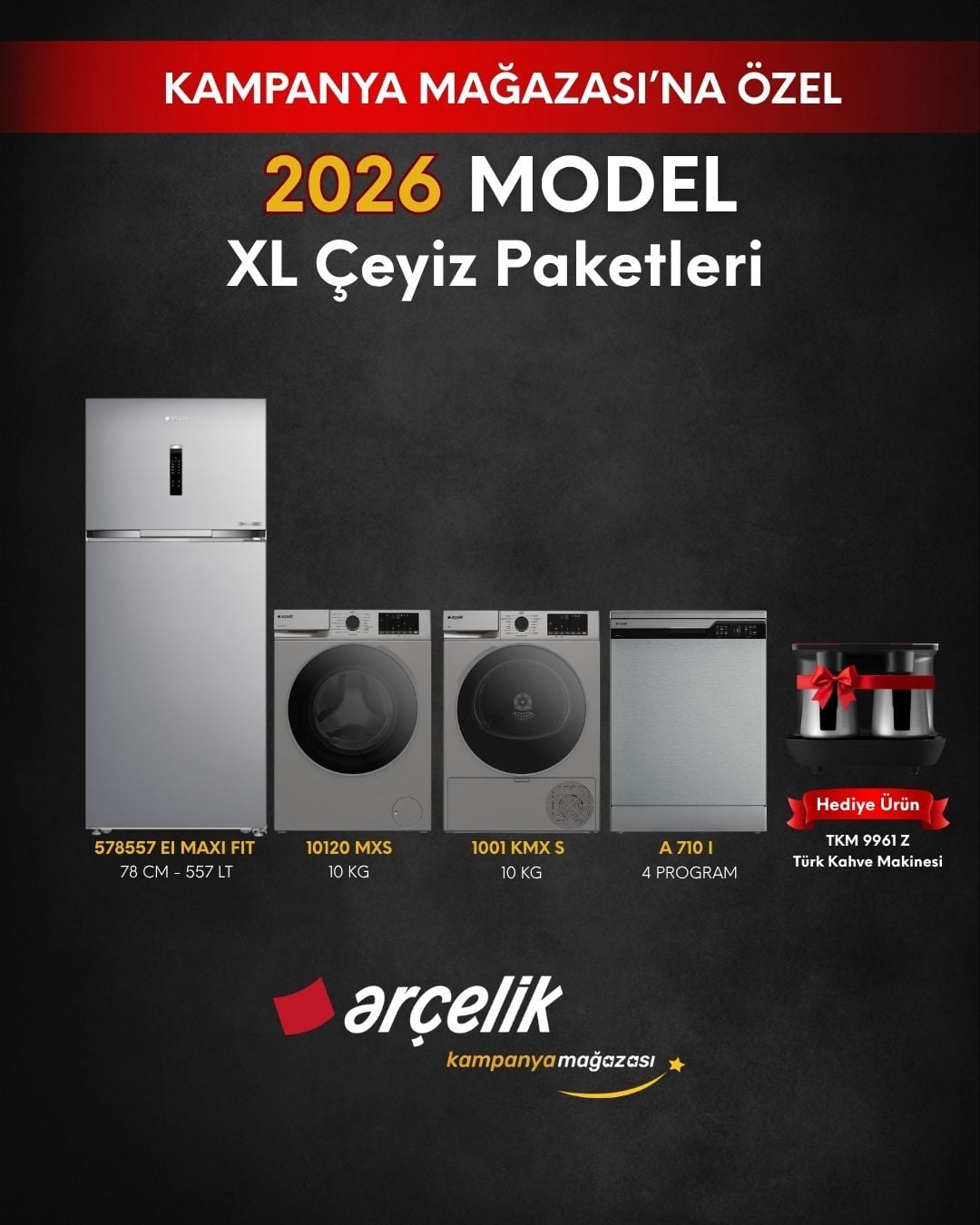 ARÇELİK 4'lü XL Çeyiz Paketi (578557 EI MAXI FIT - A 710 I - 10120 MXS - 1001 KMX S - TKM 9961 Z)