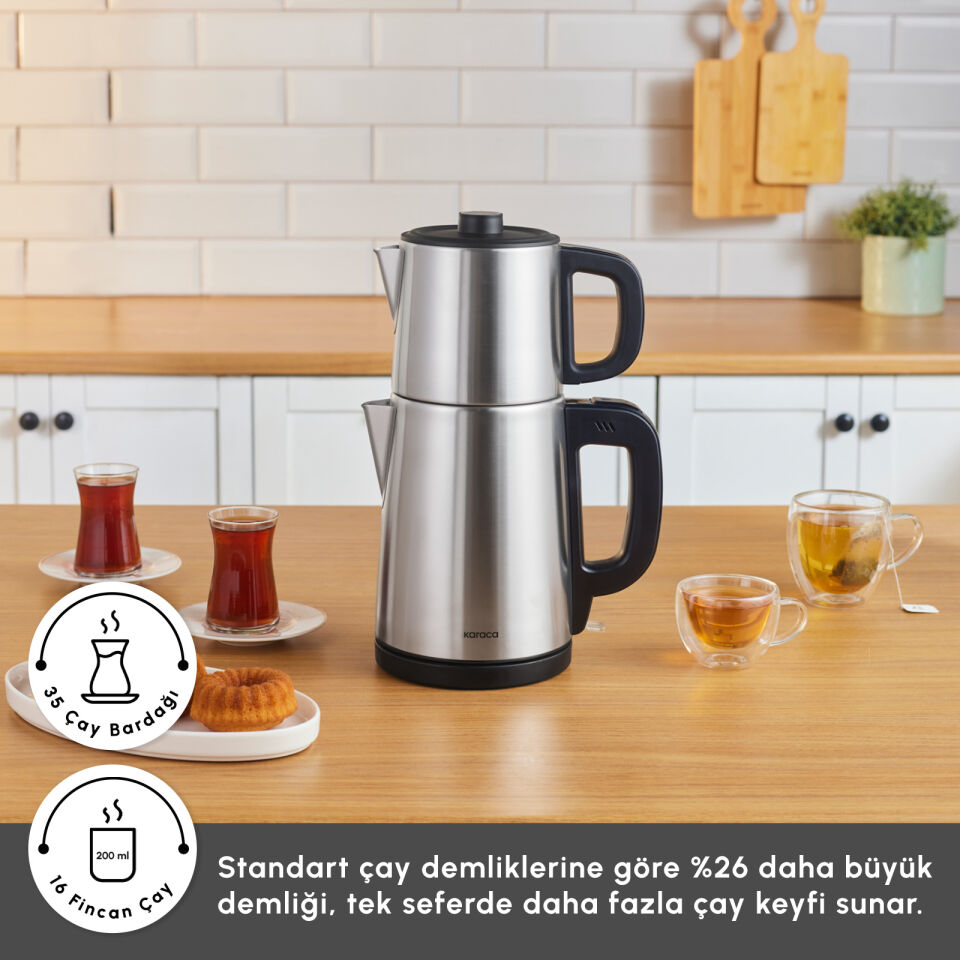 Karaca TeaBig XL 35 Çay Bardağı Kapasiteli 2 in 1 Çelik Çay Makinesi ve Su Isıtıcı Inox