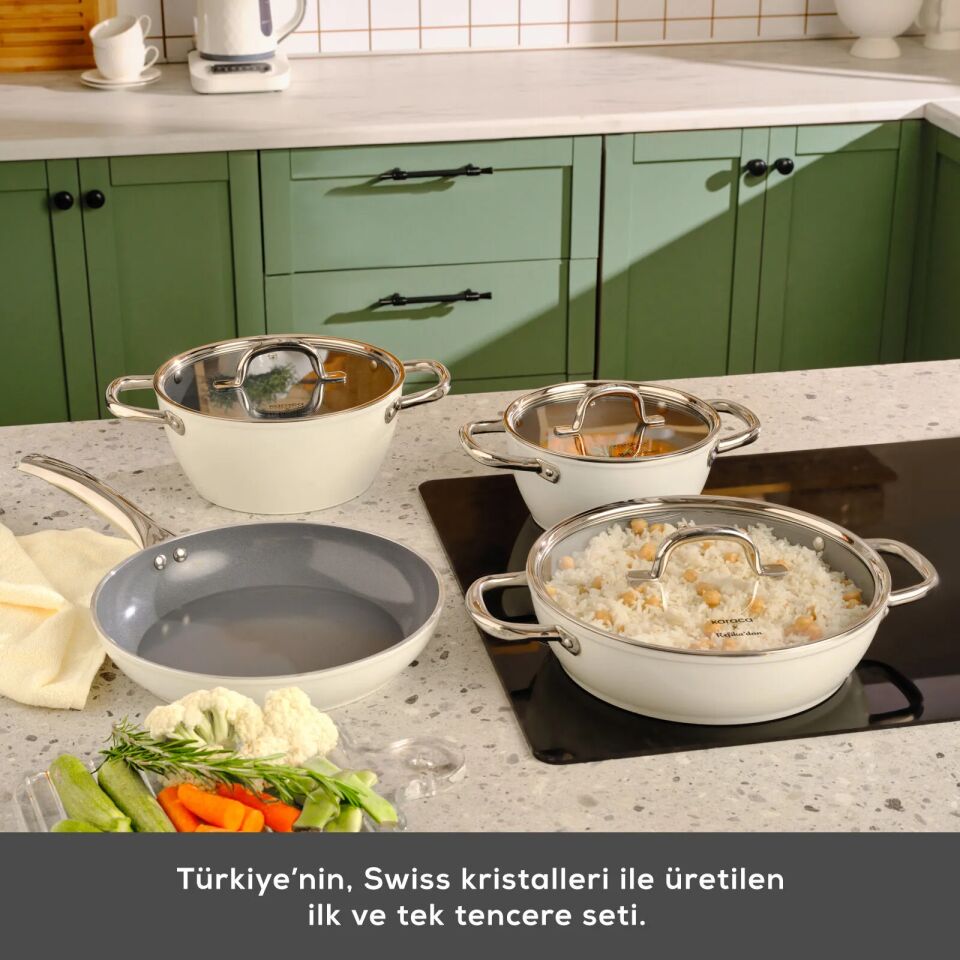 Karaca x Refika Swiss Crystal Creamy Metal Kulplu 7 Parça Tencere ve Tava Seti Krem