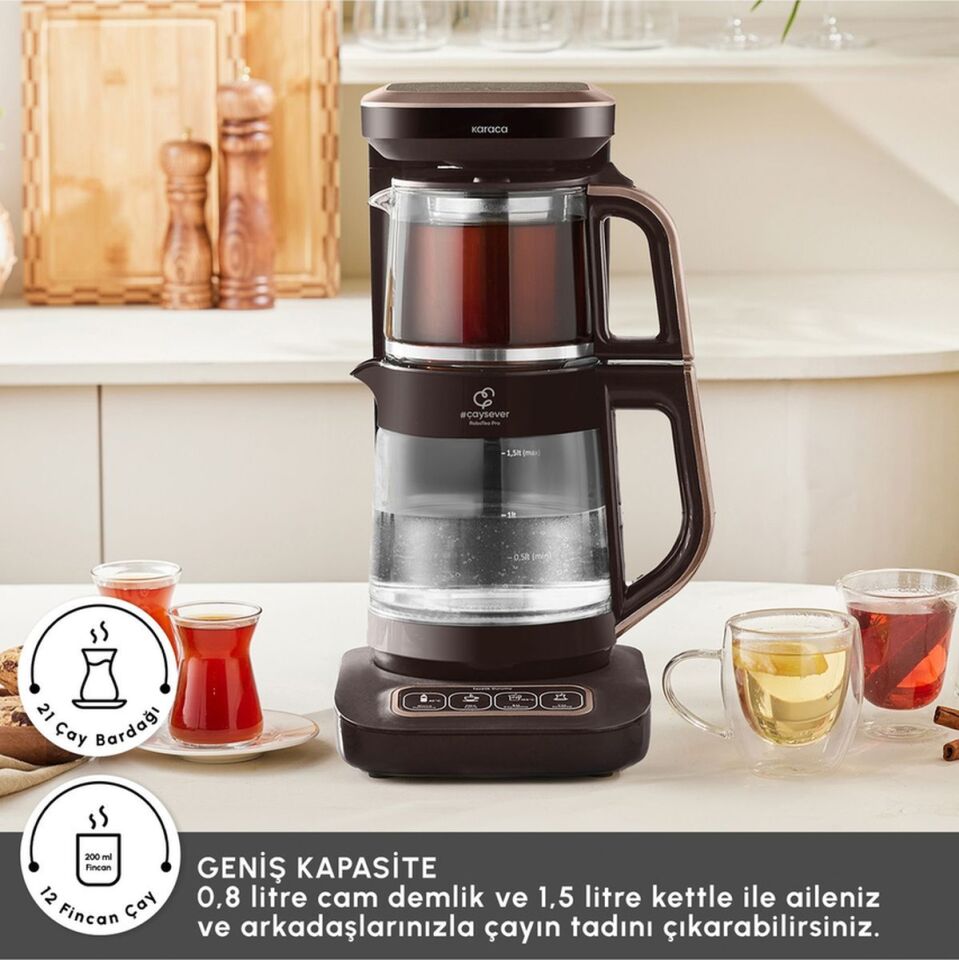 Karaca Çaysever Robotea Pro Connect 4 In 1 Konuşan Otomatik Cam Çay ve Filtre Kahve Demleme Makinesi Rosegold