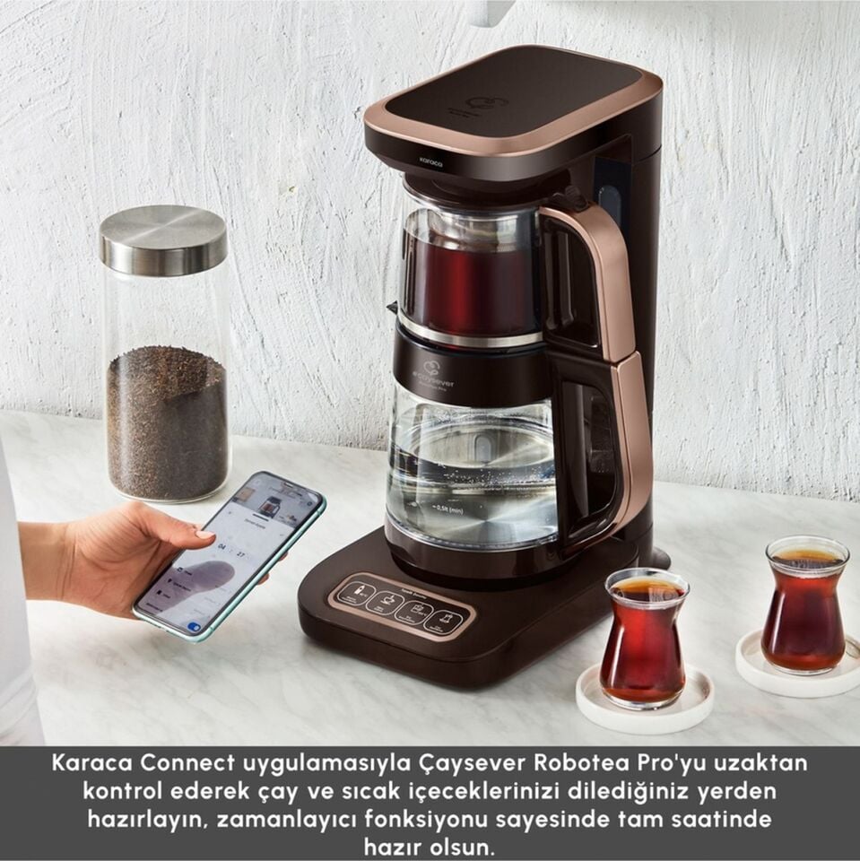 Karaca Çaysever Robotea Pro Connect 4 In 1 Konuşan Otomatik Cam Çay ve Filtre Kahve Demleme Makinesi Rosegold