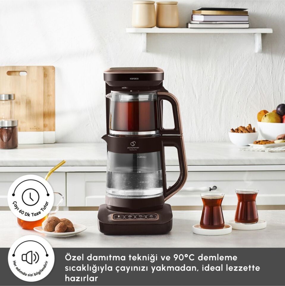 Karaca Çaysever Robotea Pro Connect 4 In 1 Konuşan Otomatik Cam Çay ve Filtre Kahve Demleme Makinesi Rosegold
