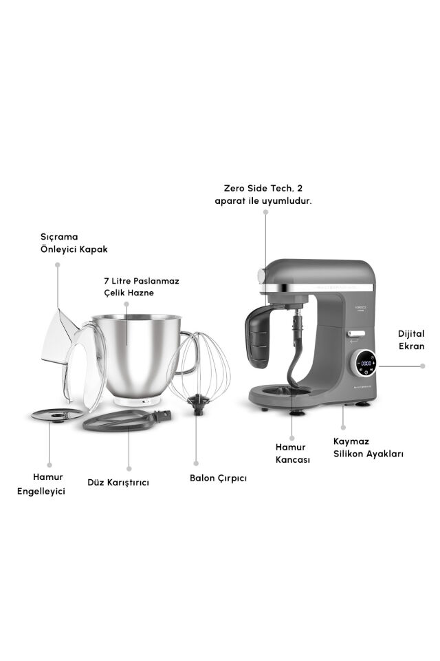 Karaca Mastermaid Chef Ultra D2000W Dijital Ekranlı Hamur Yoğurma Makinesi Galaxy Grey 7L