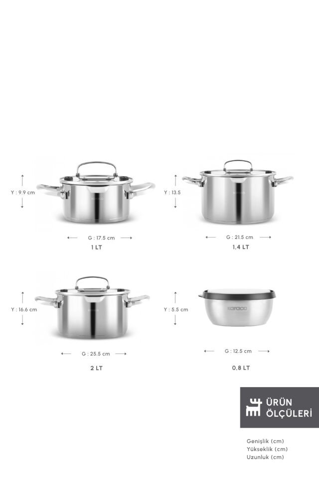 Karaca Burgaz 8 Parça Katlanabilir Kulplu ve Süzgeç Kapaklı Çelik Tencere Seti
