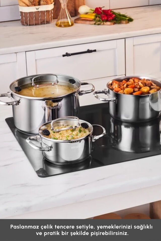 Karaca Burgaz 8 Parça Katlanabilir Kulplu ve Süzgeç Kapaklı Çelik Tencere Seti