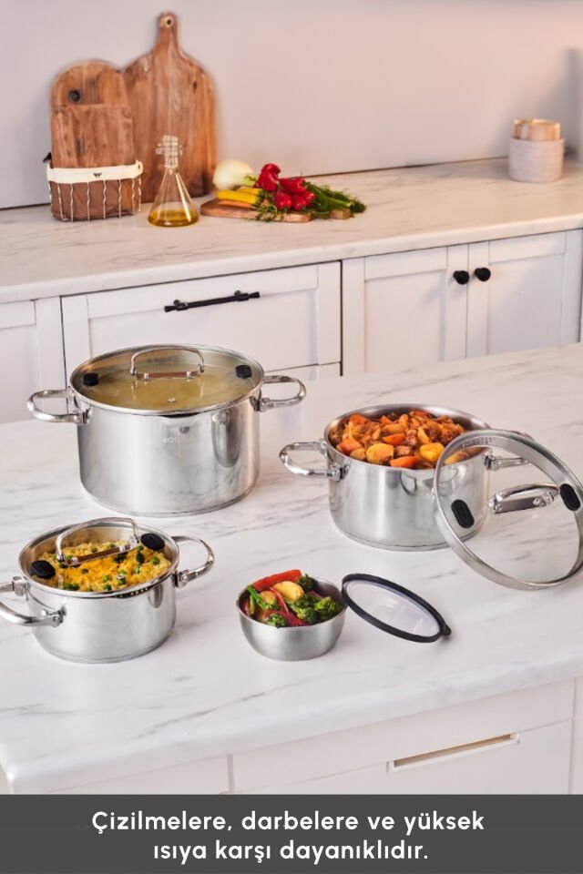 Karaca Burgaz 8 Parça Katlanabilir Kulplu ve Süzgeç Kapaklı Çelik Tencere Seti