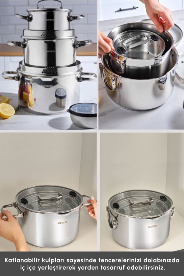 Karaca Burgaz 8 Parça Katlanabilir Kulplu ve Süzgeç Kapaklı Çelik Tencere Seti