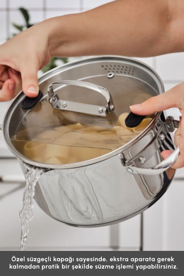 Karaca Burgaz 8 Parça Katlanabilir Kulplu ve Süzgeç Kapaklı Çelik Tencere Seti