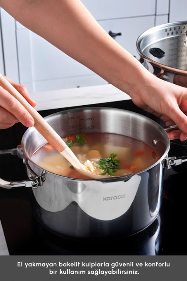 Karaca Burgaz 8 Parça Katlanabilir Kulplu ve Süzgeç Kapaklı Çelik Tencere Seti