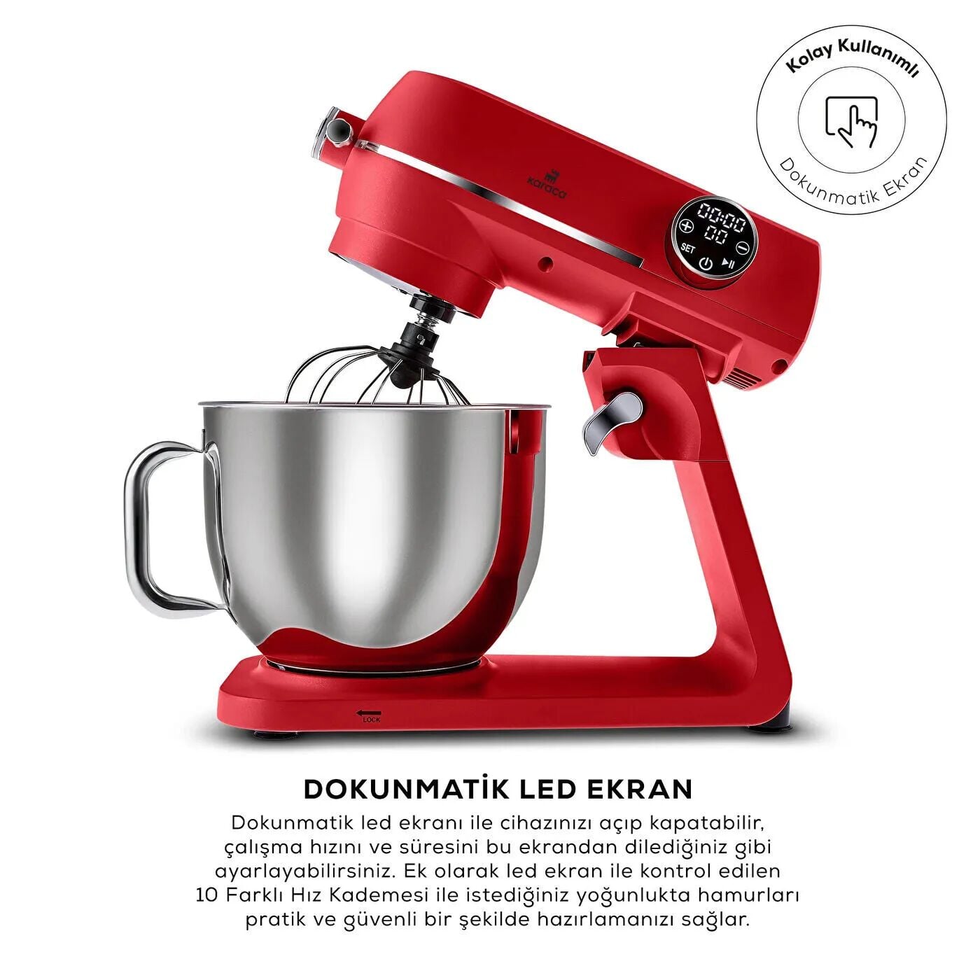 Karaca Multichef Artisan Digital Ekran Döküm Hamur Yoğurma Makinesi Kırmızı 1800W 7L