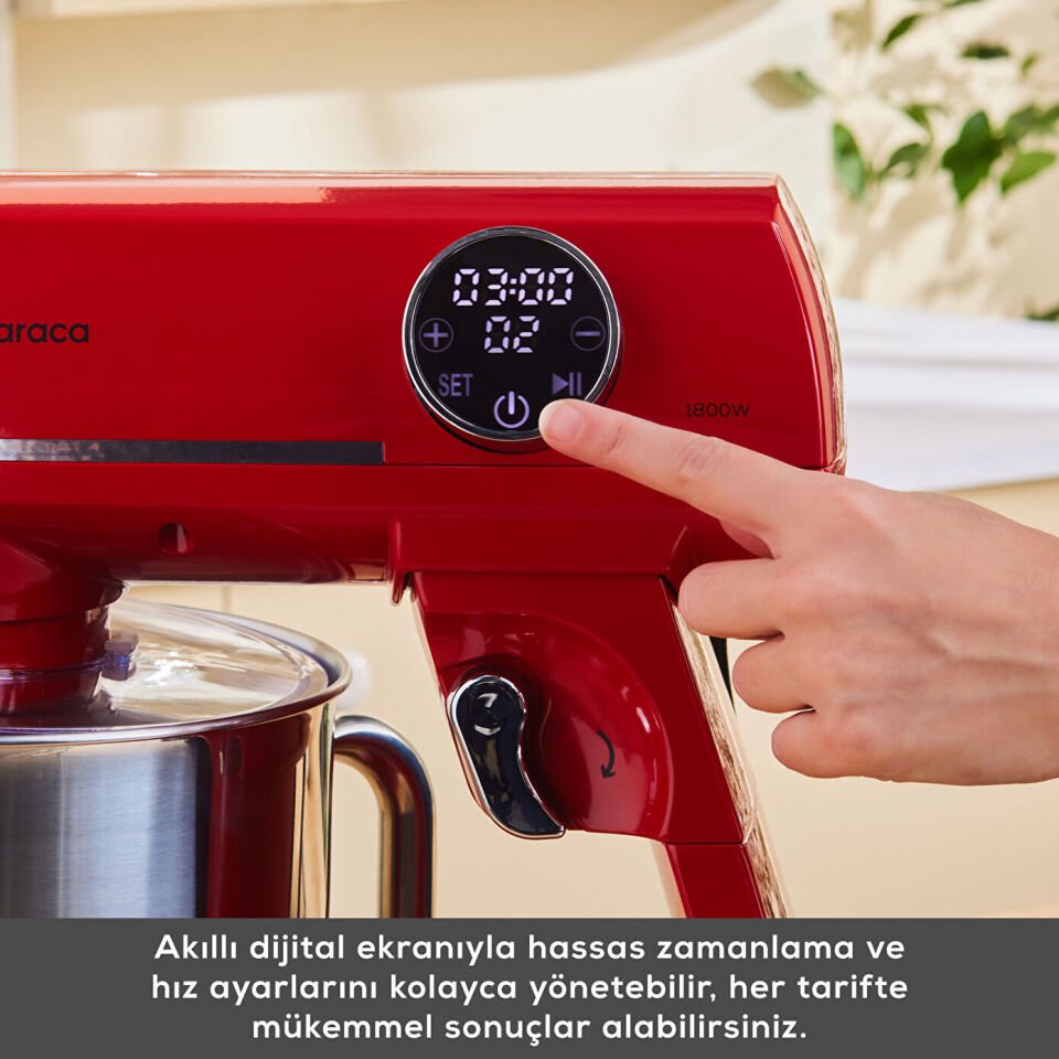 Karaca Multichef Artisan Digital Ekran Döküm Hamur Yoğurma Makinesi Kırmızı 1800W 7L